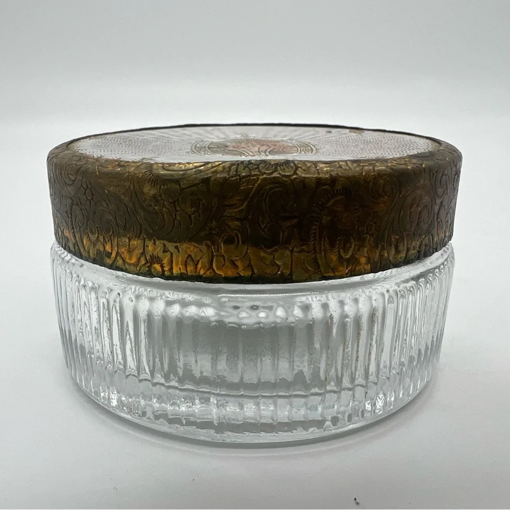 Vintage Art Deco Glass Decorative Vanity Powder Dresser Cosmetic Jar Fancy Lid